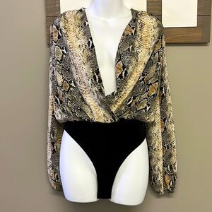 Windsor Silky and Soft Black Snakeskin Body Suit with Plunging Neckline- Small